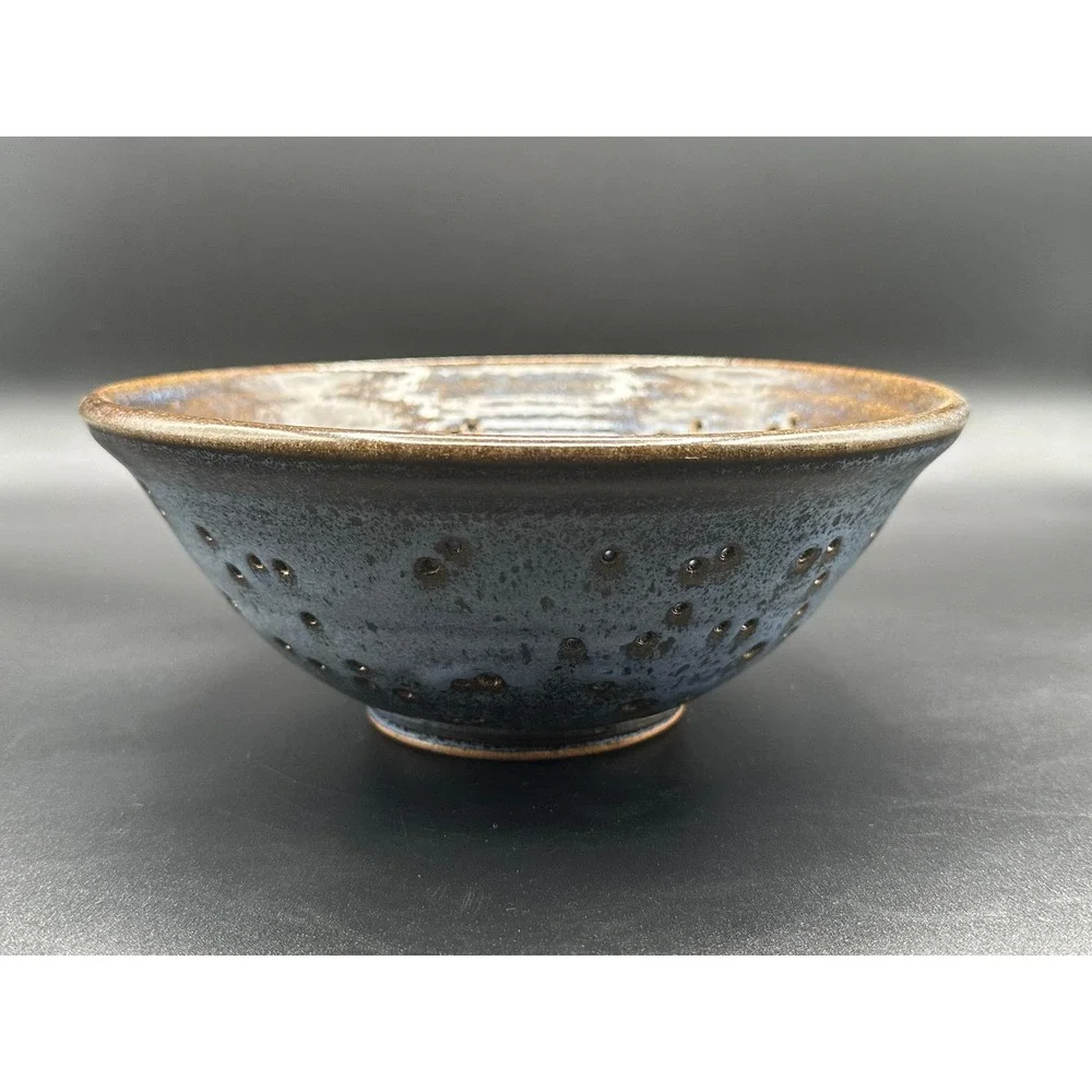 Artist Signed Studio Pottery Berry Bowl Colander Blue Bronze Speckled Stoneware